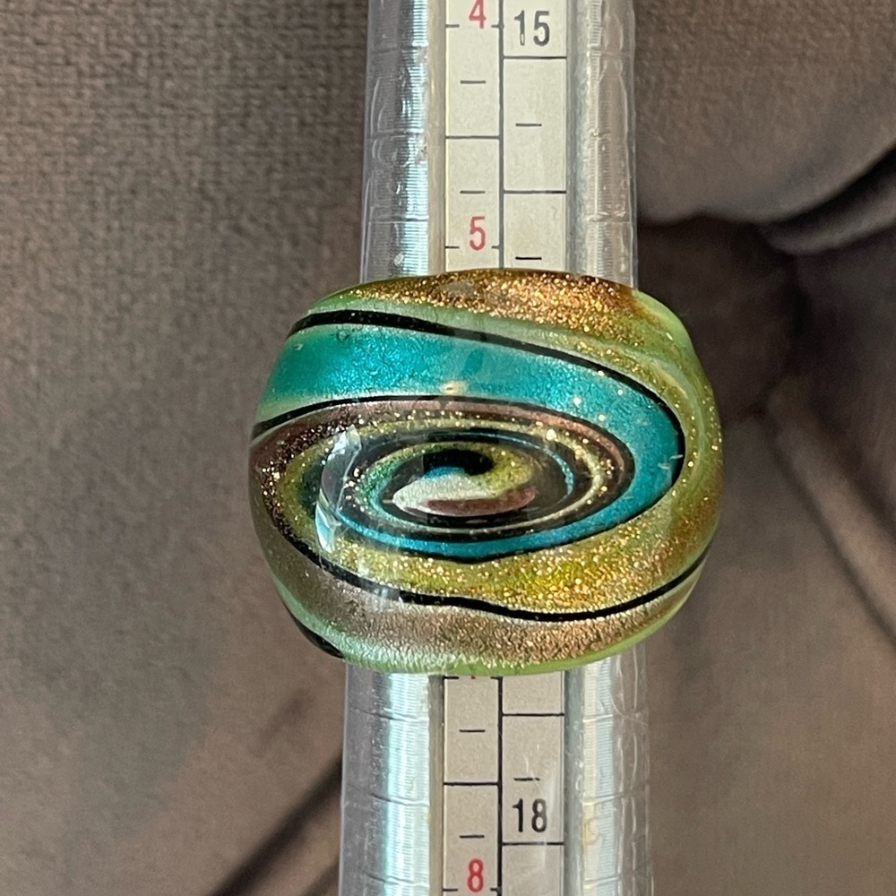 Hand Blown Murano Blue /Green And Gold Foil Swirl Art Glass Dome Ring